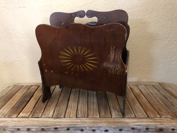 Vintage Wood Brown and Gold Mid Century Rattan Magazine Stand