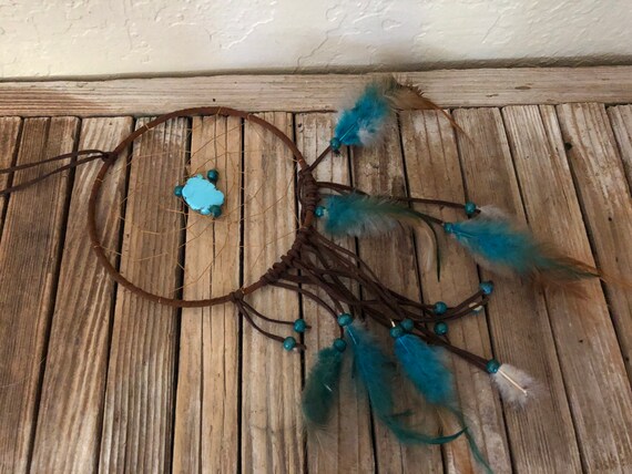 Vintage Brown Beaded Feather Turquoise Dream Catcher 13" Tall