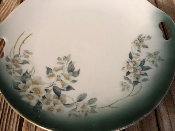 Antique Green and White Floral German Plate