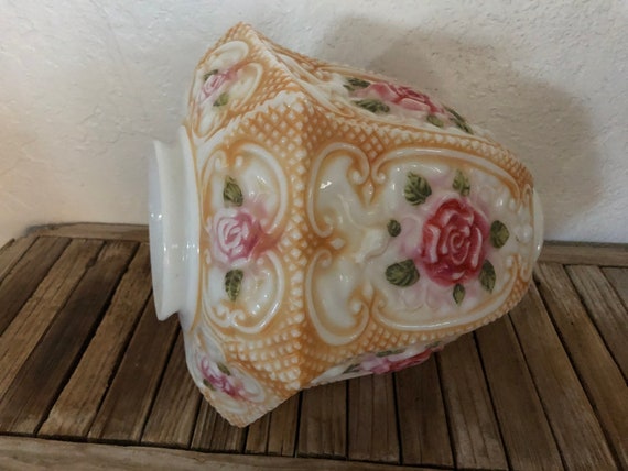 Vintage Large Embossed Pink Rose White Opaline Glass Pendant Shade