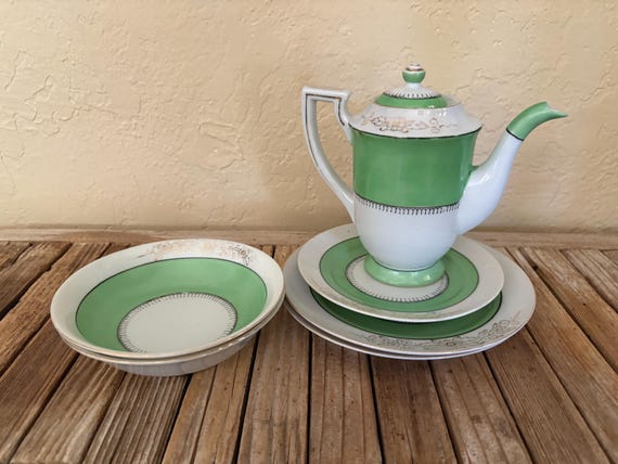 Vintage Hand Painted JWhite Green and Gold Japanese Chikaramachi Plates Bowl Teapot Set