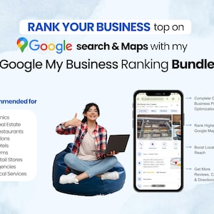 May include: Image promoting Google My Business ranking services. Text reads "RANK YOUR BUSINESS top on Google search & Maps with my Google My Business Ranking Bundle." Includes a phone displaying a Google Maps listing and a list of recommended businesses.
