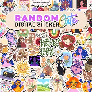 Könnte beinhalten: Eine Sammlung farbenfroher digitaler Aufkleber mit verschiedenen Designs, darunter Illustrationen eines Schädels, Blumen, einer Katze und einer Sonne. Die Aufkleber tragen den Text "RANDOM Cute DIGITAL STICKER" und weitere Sätze wie "DEAD INSIDE" und "Happy Valentine".