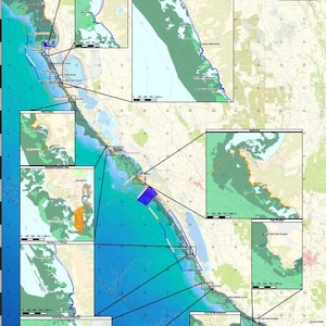 May include: A detailed map of the South Australia Limestone Coast, highlighting fish habitat data and points of interest. The map includes insets with zoomed-in views, a legend, and a scale bar for distance measurements.