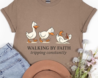 Walking by Faith Tripping Constantly Comfort Colors Shirt, Funny Christian Goose Tee, Faith Humor Church Gift