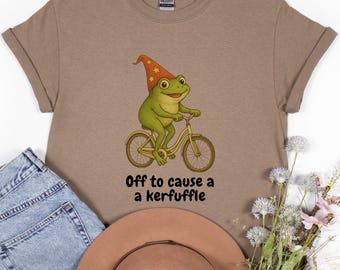 Off to Cause a Kerfuffle Frog Tee, Vintage Wizard Frog Bicycle Shirt, Cottagecore Aesthetic Funny Unisex T-Shirt