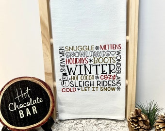 Winter Words Tea Towel - Winter Dish Towel - Gift for Her - Flour Sack Kitchen Towel