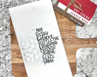 Snowflake Winter Words Tea Towel - Winter Dish Towel - Gift for Her - Flour Sack Kitchen Towel