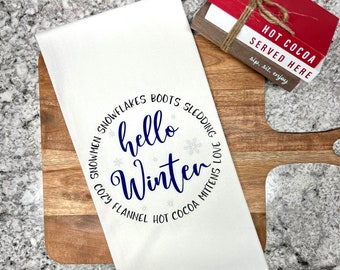 Hello Winter Tea Towel - Winter Dish Towel - Gift for Her - Flour Sack Kitchen Towel