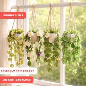 3-i-1-paket virkat hängande växtmönster, Amigurumi-blomrankirland med kruka PDF, fönsterdekoration Boho, gör-det-själv-present till mors dag