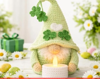 Schema PDF per realizzare un portacandele a forma di gnomo portafortuna all'uncinetto, tutorial amigurumi primaverile, download digitale adatto ai principianti.