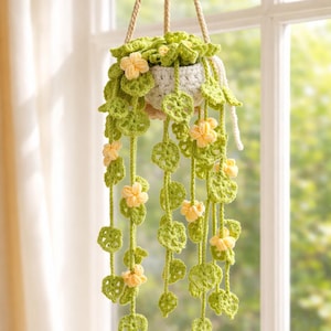 Wzór na wiszącą roślinę szydełkową, girlanda z pnączy kwiatowych, roślina amigurumi w formacie PDF, dekoracja okna w stylu boho, wystrój pokoju dziecięcego DIY