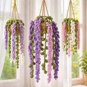 May include: Three hanging crochet planters with cascading wisteria-like flowers. The planters are suspended by rope and feature green foliage around the rim. The flowers are in shades of purple, pink, and white, creating a vibrant display. The planters are set against a window.