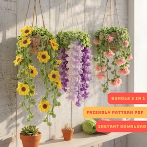 May include: Three hanging crochet plant baskets with floral designs. One basket features yellow sunflowers, another has purple wisteria, and the third displays pink flowers. The baskets are suspended by twine, with the text "BUNDLE 3 IN 1", "FRIENDLY PATTERN PDF", and "INSTANT DOWNLOAD".