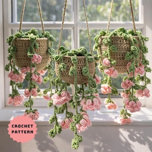 Patrón de maceta colgante de lirio del valle a crochet, tutorial de maceta amigurumi en PDF, decoración acogedora para ventanas con guirnalda