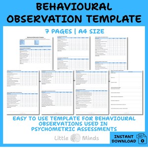 Könnte beinhalten: Blauer Hintergrund mit dem Text "BEHAVIOURAL OBSERVATION TEMPLATE" und "7 PAGES | A4 SIZE". Das Bild zeigt eine Vorlage für Verhaltensbeobachtungen, die in psychometrischen Bewertungen verwendet werden. Der Text "EASY TO USE TEMPLATE" ist ebenfalls sichtbar.