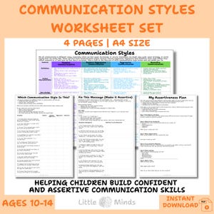 Puede incluir: Un conjunto de hojas de trabajo "Communication Styles" de 4 páginas, tamaño A4. Incluye secciones sobre estilos de comunicación, comunicación asertiva y desarrollo de la confianza en niños de 10 a 14 años. Descarga instantánea en PDF.