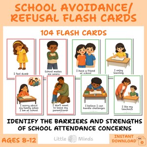 Puede incluir: Un conjunto de 104 tarjetas didácticas sobre la evitación escolar con ilustraciones de niños en diversas situaciones escolares y domésticas. Cada tarjeta incluye texto que describe emociones o situaciones como I feel dumb, I enjoy learning.