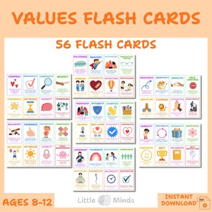 May include: A set of 56 flash cards with various values, including kindness, respect, and bravery. The cards are designed for ages 8-12 and feature colorful illustrations and text. The words "VALUES FLASH CARDS" and "INSTANT DOWNLOAD" are visible.