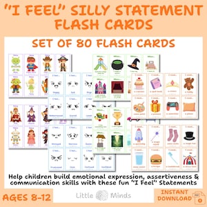 May include: A set of 80 flash cards with the text "I Feel" and various illustrations. The cards feature different emotions and related objects, designed to help children build emotional expression and communication skills. The cards are for ages 8-12.