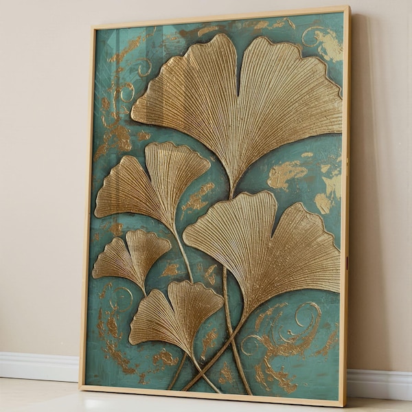 3D Gold Ginkgo Wall Art, Teal Textured Leaf Printing, Framed Canvas or Digital