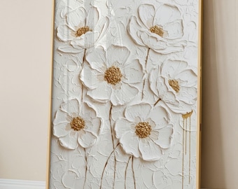 Framed Canvas White Poppy Wall Art, 3D Textured Floral Plaster Printing, Digital Download