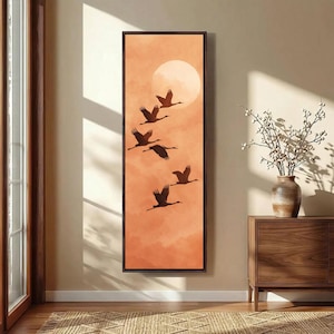 Sunset Bird Migration Long Narrow Large Canvas Print Minimalist Boho Framed Wall Art