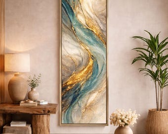 Teal Gold Abstract Long Narrow Large Canvas Print Modern Fluid Framed Wall Art Decor