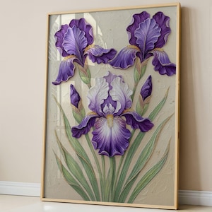 May include: A framed artwork featuring three dimensional iris flowers. The irises are a vibrant purple and white, with green stems and leaves. The artwork is set against a textured, neutral background, and framed in a light wood.