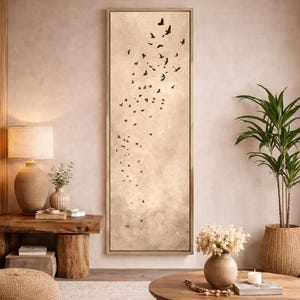 Ethereal Bird Migration Long Narrow Large Canvas Print Minimalist Boho Framed Wall Art