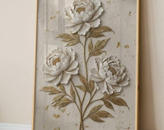 Framed Canvas White Peony Wall Art, 3D Textured Floral Plaster Printing, Digital Download