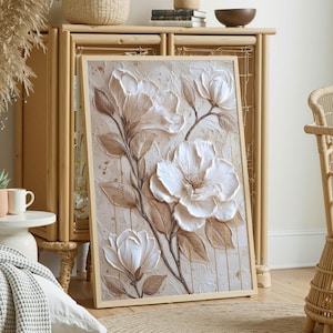 Textured White Magnolia Wall Art, 3D Floral Plaster Printing, Framed Canvas or Digital