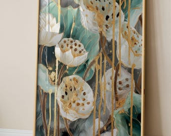 Gold Lotus Seed Pod Art, Textured Teal Botanical Printing, Framed Canvas or Digital