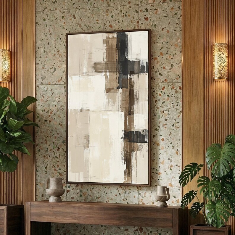 Neutral Abstract Large Vertical Canvas Print, Beige and Brown Textured ...