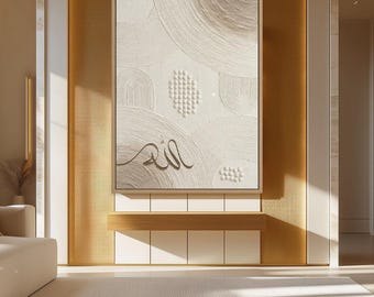 May include: A framed abstract artwork with a neutral color palette. The textured piece features circular and semi-circular patterns, along with a small cluster of raised dots and a cursive script. The artwork is displayed above a white cabinet.