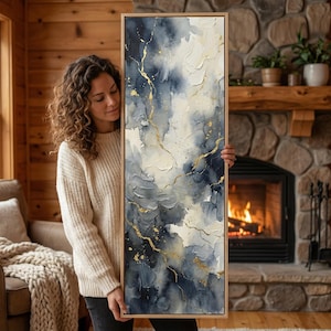 Navy Blue Gold Abstract Wall Art Textured Canvas Print Celestial Smoke Decor Floating Frame