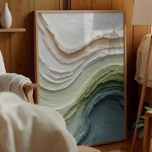 Textured Plaster Wall Art Abstract Green Wave Canvas Relief Print Minimalist Nature Home Decor