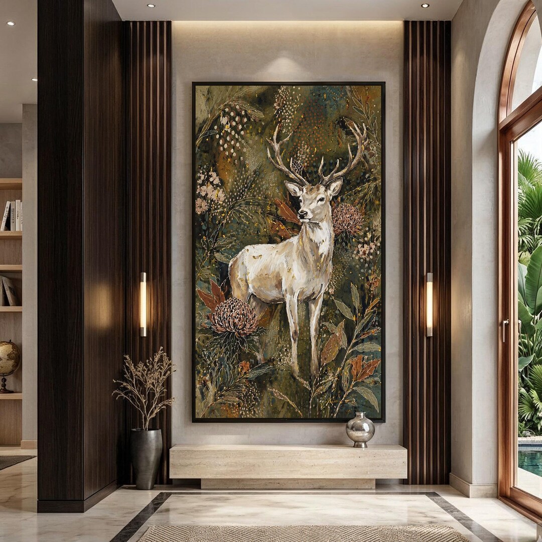 Majestic Stag Forest Botanical Long Narrow Large Canvas Print Deer ...