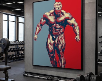 Pode incluir: Um poster emoldurado com um fisiculturista musculoso em estilo pop art. A obra de arte é dividida em duas seções verticais, com um fundo vermelho e azul. O fisiculturista é retratado em tons de vermelho, azul e amarelo.