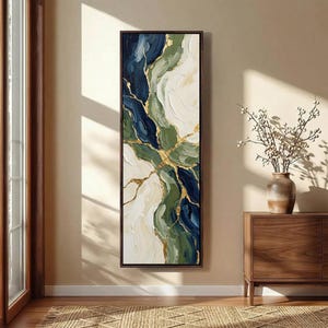 Sage Green Navy Gold Abstract Textured Framed Canvas Wall Art Kintsugi Decor
