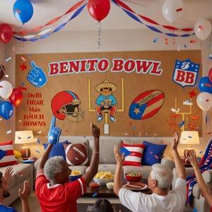 Könnte beinhalten: Ein Raum, der für eine Football-Party dekoriert ist, mit Luftballons, Luftschlangen und einem Banner mit der Aufschrift "Benito Bowl". Die Dekoration umfasst fußballförmige Kissen, einen Helm und einen Cartoon-Frosch, der einen Football hält. Menschen feiern mit erhobenen Armen.