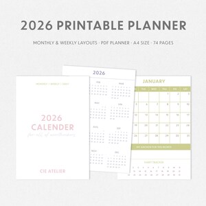 May include: A printable 2026 planner with monthly and weekly layouts. The cover features the text "2026 Calendar" in a soft pink font. The planner includes a calendar page and a January calendar page.