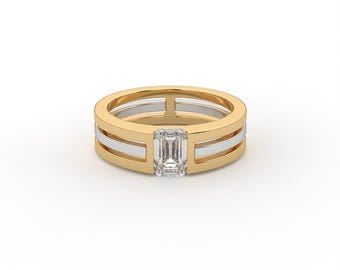 Modern Tri-Tone Emerald Cut labgrown Diamond Band | Geometric Two-Tone Wedding Ring for Men & Women –|14k Gold Metal Band