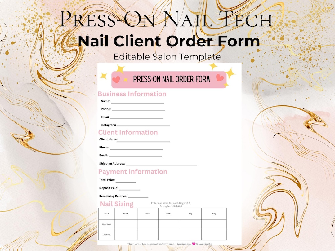Press on Nail Order Form Template | Nailtech Client Form | Editable ...