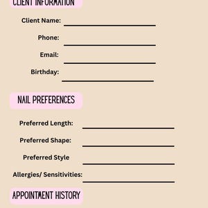 Pu&ograve; includere: Un foglio di registrazione per clienti di unghie beige chiaro con testo nero. La parte superiore del foglio recita "NAIL CLIENT RECORD". Le sezioni includono "CLIENT INFORMATION", "NAIL PREFERENCES" e "APPOINTMENT HISTORY", con linee per i dettagli e le preferenze del cliente.
