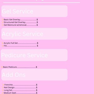 May include: Pink nail service menu with the text "Your Business Name" at the top. The menu lists services like gel overlays, acrylic sets, pedicures, and add-ons such as nail designs and French manicures. Contact information is at the bottom.