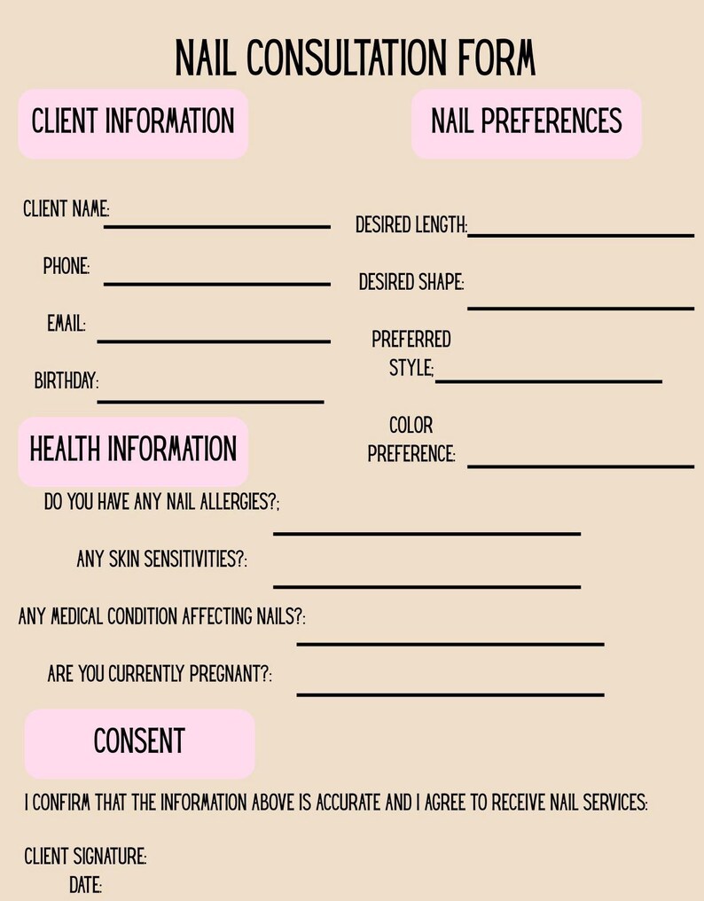 Pu&ograve; includere: Un modulo di consultazione unghie con sezioni per le informazioni del cliente, le preferenze per le unghie e le informazioni sanitarie. Il modulo include campi per il nome del cliente, il telefono, l'e-mail e il compleanno, nonch&eacute; la lunghezza, la forma e il colore delle unghie desiderati. Il modulo include anche una sezione di consenso.