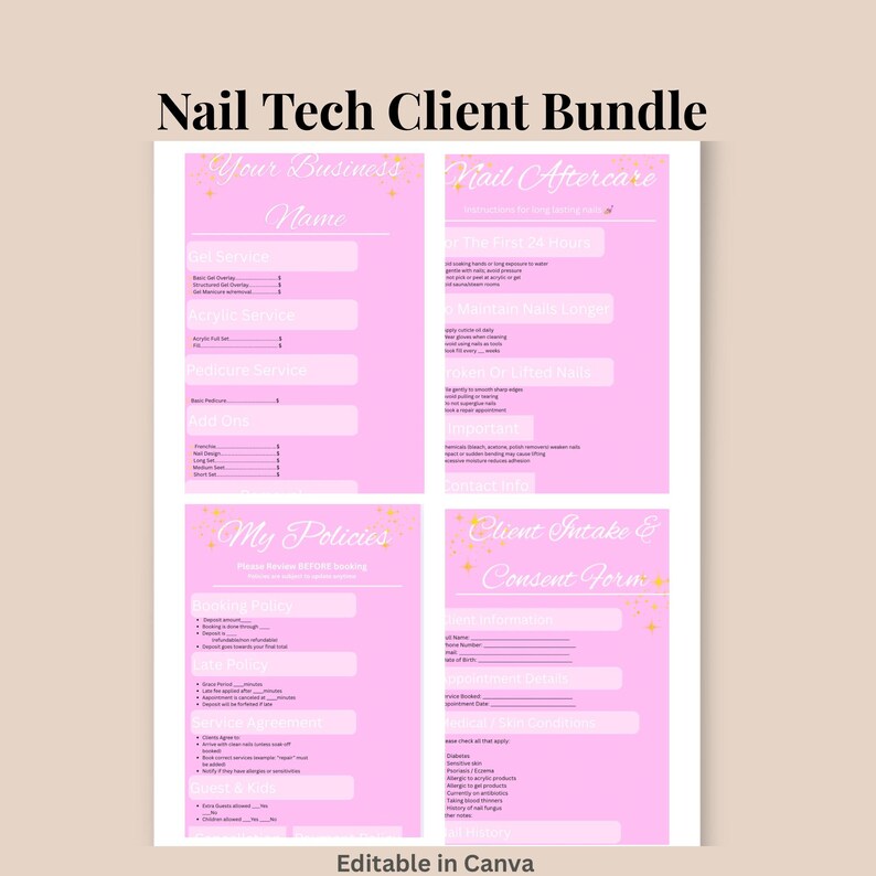 4 Nail Tech Client Forms Bundle | Editable Canva Nail Intake, Pricing Sheet, Policies & Aftercare | Nail Technician Templates image 1