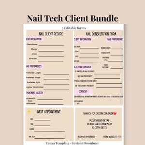 Nail Tech Client Forms Bundle | Consultation Form, Client Record & Next Appointment Card | Editable Canva Templates