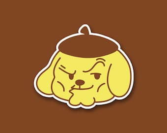 May include: A yellow cartoon dog with a brown beret and a smug expression. The dog has a white outline and is set against a brown background. The dog's eyes are narrowed, and its mouth is slightly curved.